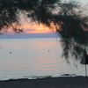 Tramonto su una spiaggia con alberi e ombrellone.