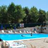 Una piscina con lettini e ombrelloni vicino ad alberi.